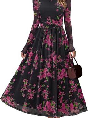 Women's Fall Wedding Guest Cocktail Long Sleeve Floral Maxi Dress